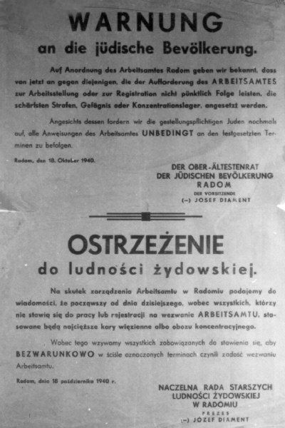 Announcement by the Judenrat of the Radom ghetto, which warns and threatens with punishment any Jew who wouldn't register at the Bureau of Labor